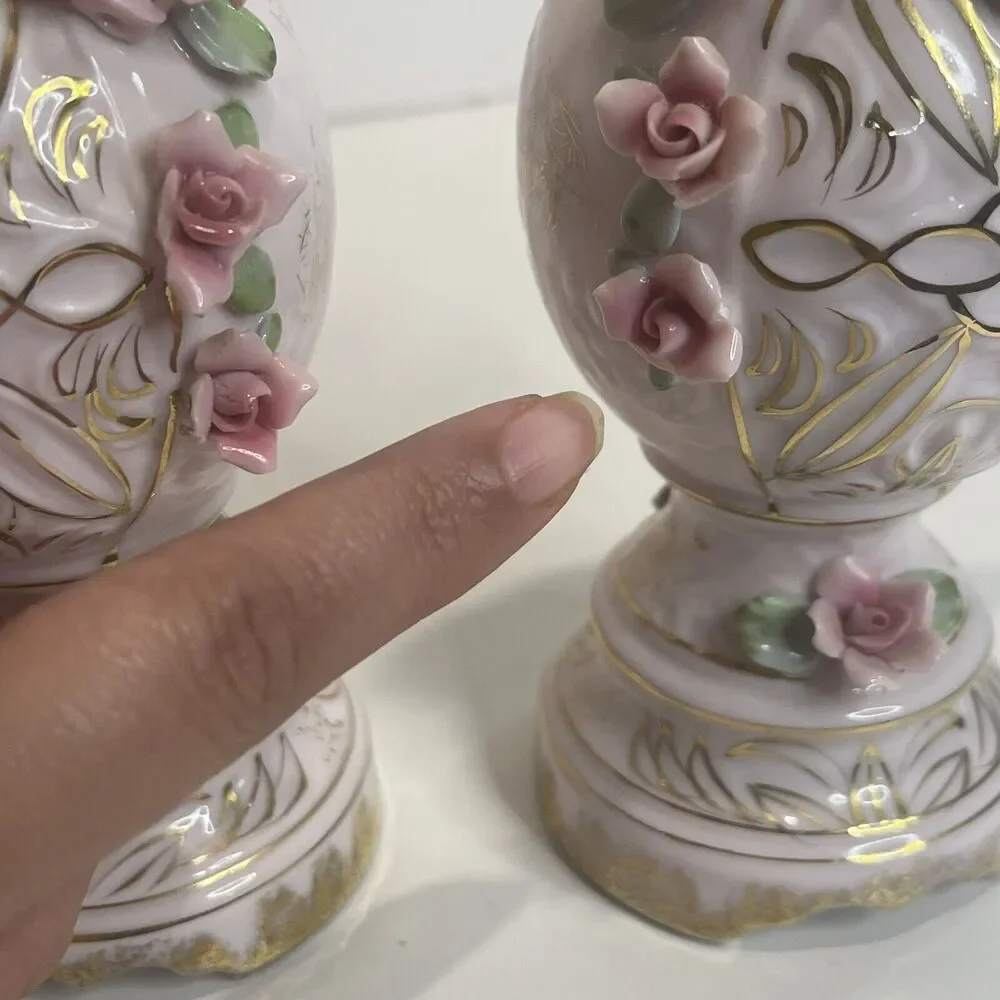 Vintage Lefton China Pink Roses Pitcher Vase Pair See Description